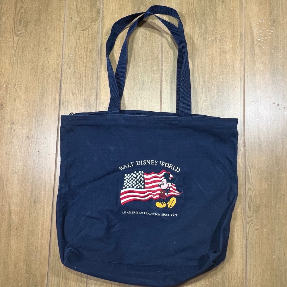 Walt Disney World Mickey Mouse American Flag Navy Blue Canvas Zipper Tote Bag